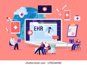 EHR, Electronic Health Record. Patient Character Insert Medical Data in Tablet. Doctor Use Digital Smart Device to Read Report Online. Modern Technology in Hospital. Cartoon Vector People Illustration