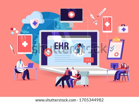 EHR, Electronic Health Record. Patient Character Insert Medical Data in Tablet. Doctor Use Digital Smart Device to Read Report Online. Modern Technology in Hospital. Cartoon Vector People Illustration