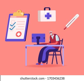 EHR, Electronic Health Record. Senior Patient Character Insert Medical Data and Healthcare Information in Computer for Sending to Doctor via Internet, Medicine Innovation. Cartoon Vector Illustration