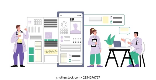 EHR Electronic Health Records Advanced Technology Banner With Doctors, Flat Vector Illustration Isolated On White Background. Doctor Use Application For Health Data.