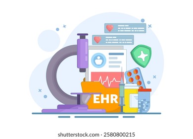 EHR - Electronic Medical Record or Concept of patient health information stored electronically. Digital medical record with diagnostic history files. Database technology. Flat vector illustration.