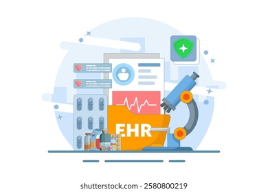 EHR - Electronic Medical Record or Concept of patient health information stored electronically. Digital medical record with diagnostic history files. Database technology. Flat vector illustration.