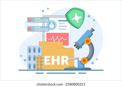 EHR - Electronic Medical Record or Concept of patient health information stored electronically. Digital medical record with diagnostic history files. Database technology. Flat vector illustration.