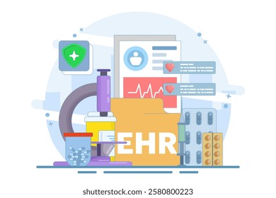 EHR - Electronic Medical Record or Concept of patient health information stored electronically. Digital medical record with diagnostic history files. Database technology. Flat vector illustration.