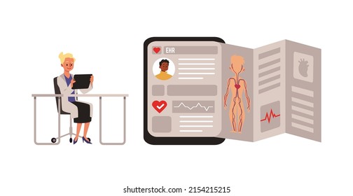 EHR Or Electronic Medical Records Medical Technology, Flat Vector Illustration Isolated On White Background. Doctor Looks Through History Of Treatment Of Patient In App.