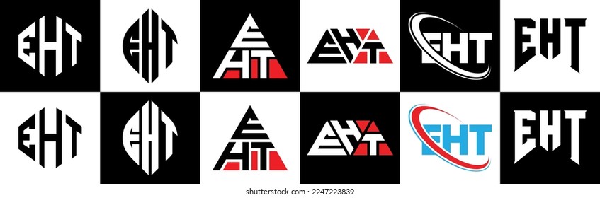 Diseño del logo de la carta EHT en seis estilos. Polígono EHT, círculo, triángulo, hexágono, de estilo plano y sencillo con el logotipo de la letra de variación en color blanco y negro en un tablero. Logo minimalista y clásico de la EHT