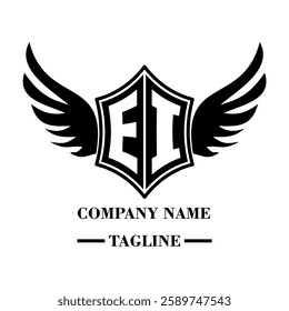 EI A bold winged shield emblem with customizable initials A-Z. Sleek black-and-white vector, perfect for branding, sports teams, motorcycle clubs, gaming,apparel and High-quality
