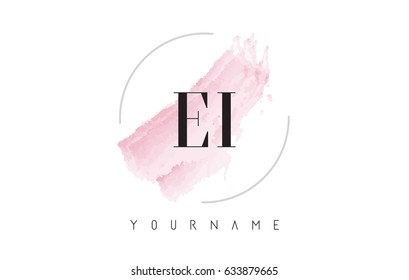 EI E I Watercolor Letter Logo Design with Circular Shape and Pastel Pink Brush.