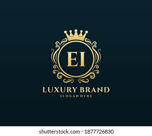 EI Initial Letter Gold calligraphic feminine floral hand drawn heraldic monogram antique vintage style luxury logo design.