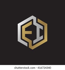 EI initial letters loop linked hexagon elegant logo golden silver black background