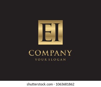 EI initial letters looping linked box elegant logo golden black background