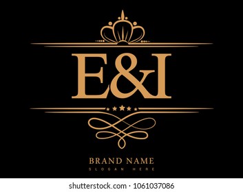 E&I Initial logo, Ampersand initial logo gold with crown and classic pattern