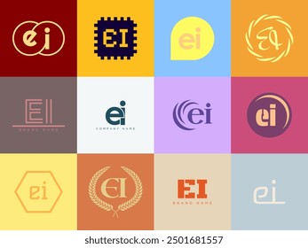 EI logo company template. Letter e and i logotype. Set different classic serif lettering and modern bold text with design elements. Initial font typography. Collection trendy business identity.