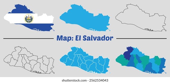 EI Salvador map set, map outline with flag, outline, blue color, region map.