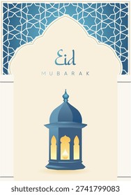 Eid 2026 Islamic greeting poster with lantern and arch vector poster