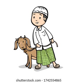 eid adha boy with a goat vector, eid mubarak, muslim boy cartoon.