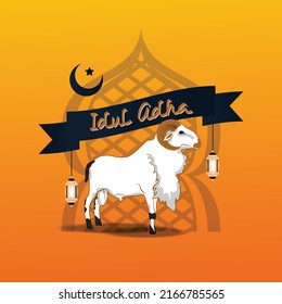 eid adha icon vector illustration with moon, and white sheep. ilustrasi idul adha dengan gambar kambing, lentera dan bulan sabit.