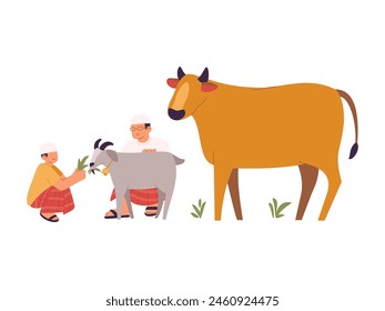 Eid Adha Illustration of Man and His Boy Sitting with Sacrifice Animals. People Feeding Goat and Cow in Flat Style