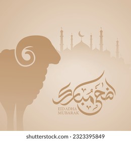 Eid Adha mubarak arabic calligraphy , decorative with silhouette sheep and mosque , greeting card design for eid adha