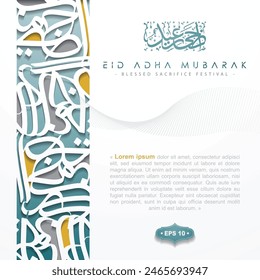 Eid Adha Mubarak Beautiful Greeting Card Islamic Arabic Calligraphy Background vector design for Card, wallpaper, banner, cover, flyer, illustration. Translation Of Text : BLESSED SACRIFICE FESTIVAL