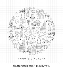 eid adha mubarak greeting card, hajj and umrah icon vector, calligraphy "eid al adha mubarak" mean happy festival of sacrifice, "al hajj mabrur" is hajj of granted