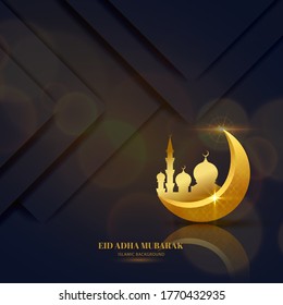 Eid adha mubarak greeting card black gold with crescent islamic design