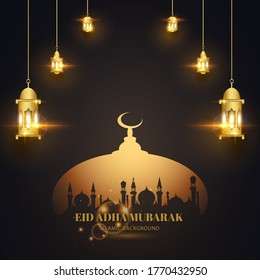 Eid adha mubarak greeting card black gold with crescent and lantern islamic design