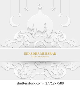Eid adha mubarak greeting card white with texture floral pattern islamic design