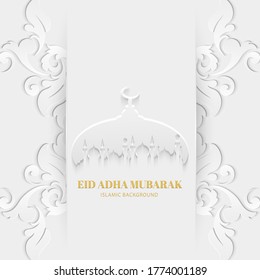 Eid adha mubarak greeting card white color with mosque and texture floral pattern islamic design