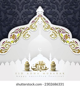 Eid Adha Mubarak Greeting Card Islamic Floral Pattern Design With Arabic Calligraphy, lantern, Mosque for Background, Card, wallpaper, banner, cover. Translation Of Text : BLESSED SACRIFICE FESTIVAL