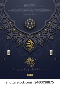 Eid Adha Mubarak Grußkarte Islamisches Blumenmuster Design mit arabischer Kalligraphie, Laterne, Moschee für Hintergrund, Karte, Bildschirmhintergrund, Banner, Deckel. Übersetzung von Text : SEGNED SACRIFICE FESTIVAL