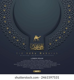 Eid Adha Mubarak Greeting Card Islamic Floral Pattern Design With Arabic Calligraphy, Crescent, Camel for Background, Card, wallpaper, banner, cover. Translation Of Text : BLESSED SACRIFICE FESTIVAL