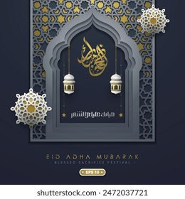 Eid Adha Mubarak Greeting Card Islamic Floral Pattern Background Vector Design With Beautiful arabic calligraphy for Card, wallpaper, banner, cover. Translation Of Text : BLASSED SACRIFICE FESTIVAL