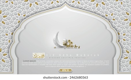 Eid Adha Mubarak Greeting Islamic Illustration Background Design With arabic calligraphy, moon, lantern, camels for Card, wallpaper, banner, cover. Translation Of Text : BLASSED SACRIFICE FESTIVAL