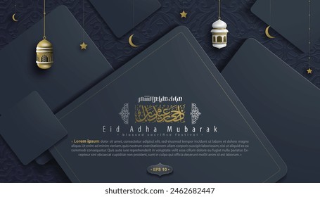 Eid Adha Mubarak Greeting Islamic Background Vector Design With arabic calligraphy, lantern And Crescent for Card, wallpaper, banner, cover, Flyer. Translation Of Text : BLASSED SACRIFICE FESTIVAL