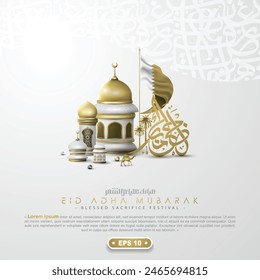 Eid Adha Mubarak Greeting Islamic Illustration Vector Design With Arabic Calligraphy, Crescent, Camel for Background, Card, wallpaper, banner, cover. Translation Of Text : BLESSED SACRIFICE FESTIVAL