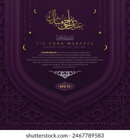 Eid Adha Mubarak Gruß Islamisch Marokko Blumenmuster Design mit arabischer Kalligraphie, Halbmond für Hintergrund, Karte, Bildschirmhintergrund, Banner, Abdeckung. Übersetzung von Text : SEGNED SACRIFICE FESTIVAL