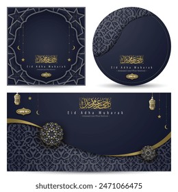 Eid Adha Mubarak Greeting Islamic Background Floral Pattern Vector Design With Arabic Calligraphy For Card, wallpaper, banner, cover etc. Translation Of Text : BLESSED SACRIFICE FESTIVAL