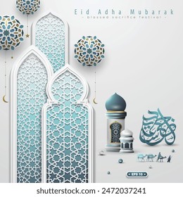 Eid Adha Mubarak Gruß Islamische Illustration Hintergrund Vektorgrafik Design Mit arabischer Kalligraphie, Laterne, Kamele für Karte, Bildschirmhintergrund, Banner, Cover. Übersetzung von Text : BLASSED SACRIFICE FESTIVAL