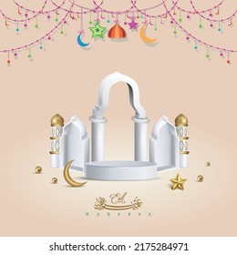 Eid Adha Mubarak Holiday Background with 3D Realistic Mosque in Podium Vector Illustration