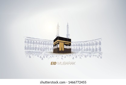 Eid Adha Mubarak with kaaba hand drawn illustration
