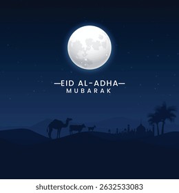 Eid Adha Mubarak night view full moon calligraphy logo vector islamic template social media web post creative idea concept arabs and muslim festival eid celebration background poster banner flyer