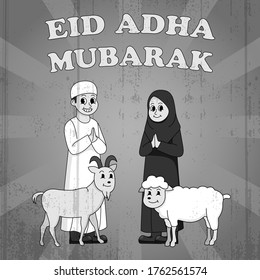 Eid Adha Mubarak Old Style 30s Cartoon Vintage Arabian Kids With Animal Illustration