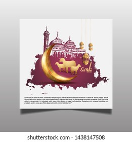 Eid Adha Mubarak Ramadan design with golden crescent moon, mosque, lantern and sheep isolated on white background and red brush. Islamic design for Ramadan purpose. 