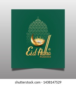 Eid Adha Mubarak Ramadan design with golden crescent moon, mosque, islamic pattern and sheep isolated on green background. Islamic design for Ramadan purpose. 
