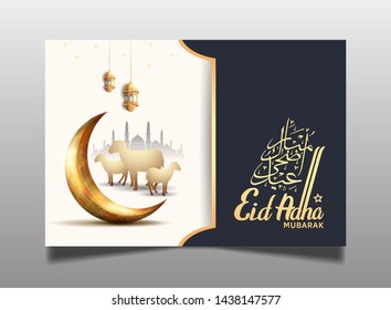 Eid Adha Mubarak Ramadan design with golden crescent moon, mosque, lantern and sheep isolated on black, white background. The Arabic calligraphy means (Eid Adha Mubarak).