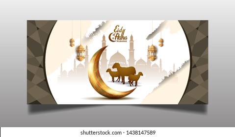 Eid Adha Mubarak Ramadan design with golden crescent moon, mosque, lantern and sheep isolated on brown background. Islamic design for Ramadan purpose.