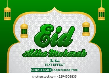 eid adha mubarak text effect with green color graphic style and editable.