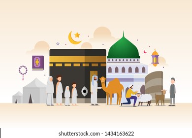 Eid adha mubarak with tiny people character design concept Hajj and Umrah season. Vector illustration