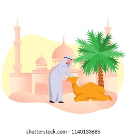 Eid Adha Mubarrak, Arabian Muslim With His Camel in Dessert, Flat Vector Illustration